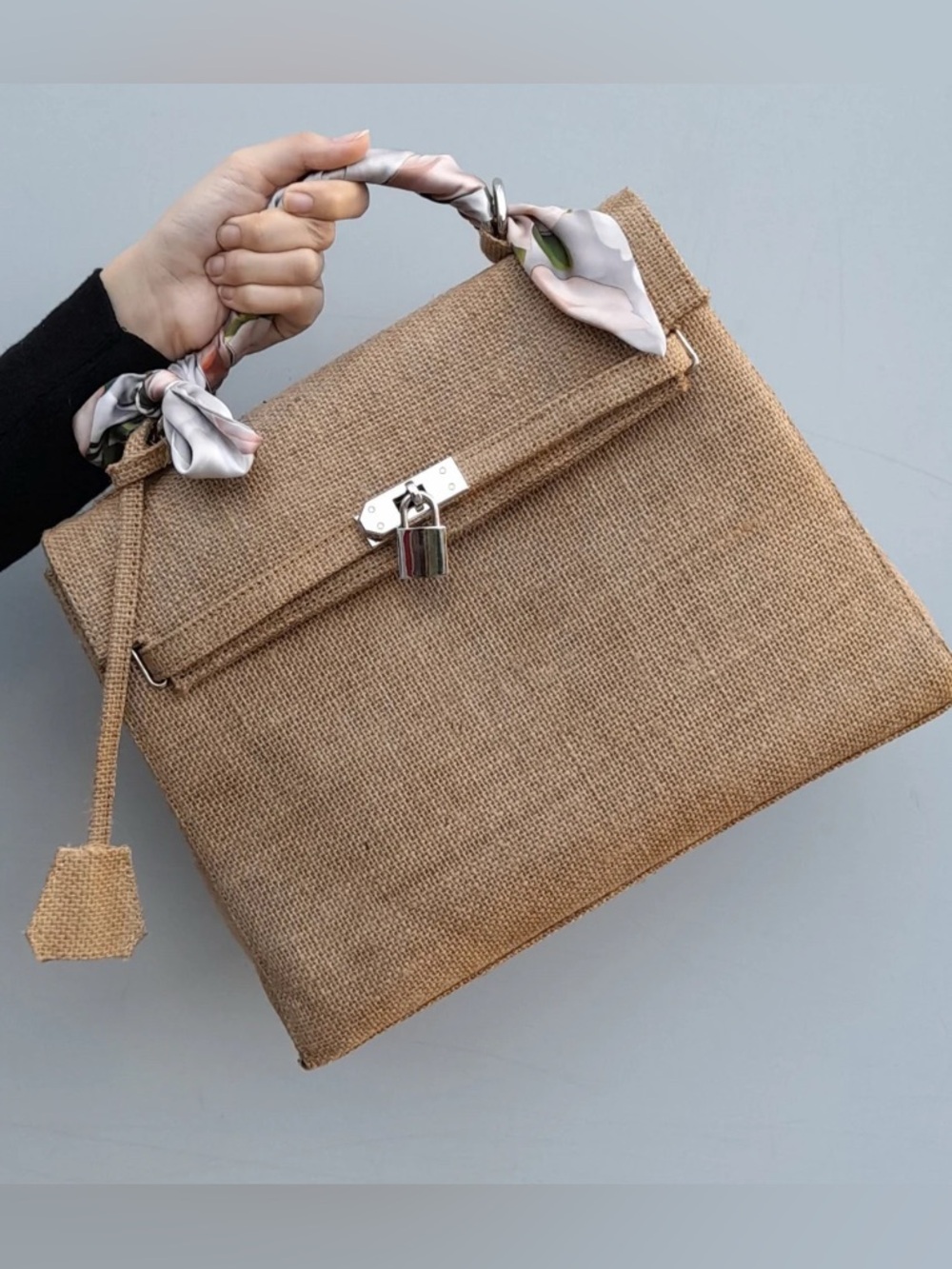 Kelly Style Satchel Top Handle / Crossbody Bag - Natural Jute/Burlap - 35cm